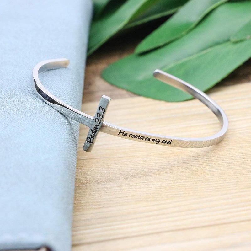 MEMGIFT Cross Bracelet Religious Cuff Bangle Bible Verse Christian Gifts Jewelry for Women (Her restores my soul -Psalm 23:3) - Image 3